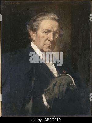 Dieses Porträt von Angèle Delasalle aus dem Jahr 1902 zeigt Benjamin Constant, eine französische politische Figur und Denkerin. Das Gemälde fängt seinen würdevollen Ausdruck ein und spiegelt seinen intellektuellen und philosophischen Charakter wider. Stockfoto