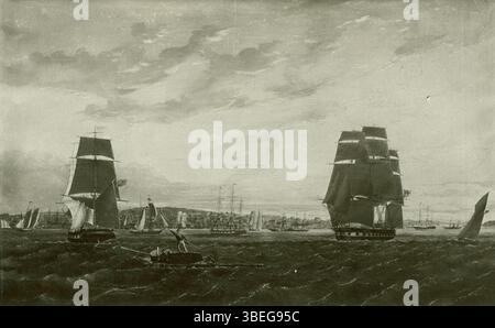 Dieses Schwarzweiß-Foto zeigt John O'Briens Ölgemälde aus dem Jahr 1850, „die Royal Navy in Nova Scotia Waters“. Das Kunstwerk zeigt eine Seeszene in Nova Scotia, die die maritime Geschichte der Region und O'Briens detaillierte Darstellung des Seefahrtslebens widerspiegelt. Stockfoto