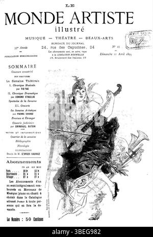 Das Cover von *Le Monde artiste illustré* vom 21. April 1895 zeigt eine Illustration von J. Chéret. Das Magazin war bekannt für seine künstlerischen Trends und Kunstströmungen des späten 19. Jahrhunderts. Stockfoto