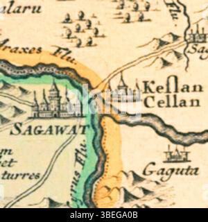 Diese Karte von Reinier Ottens und Jacob Keyser aus dem Jahr 1720 zeigt die Forts Sagawat (Cavad) und Kellan (Qalaqayn), die sich in der Nähe des Kaspischen Meeres befinden. Stockfoto