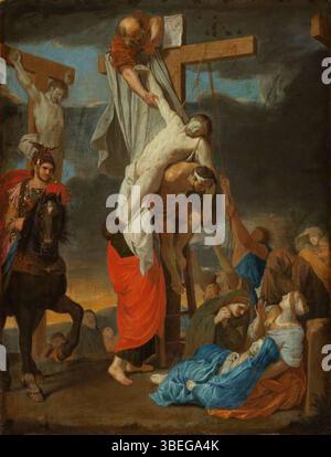 „La Descente de Croix“ von Charles Le Brun wird in der Narodni Galerie in Prag ausgestellt. Dieses Gemälde zeigt den Abstieg Christi vom Kreuz und veranschaulicht Le Brun in der religiösen Erzählung und dem dramatischen Ausdruck. Es ist Teil der Sammlung der Prager Galerie. Stockfoto