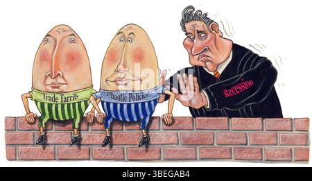 Cartoonkunst, die sich auf die Handelzölle von Präsident Trump und eine chaotische Politik bezieht, von der viele sagen, sie drohe, die amerikanische Weltwirtschaft in die Rezession zu treiben Stockfoto