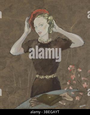 Ein Porträt mit dem Titel „Eleganz mit rotem Beret“ von Louis Delfau, das eine modische Frau in eleganter Kleidung zeigt, mit einer roten Baskenmütze als Mittelpunkt. Das Gemälde fängt den Stil und die Eleganz der Zeit ein. Stockfoto