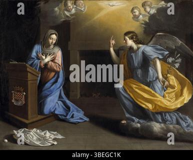 Philippe de Champaignes „Verkündigung“, untergebracht im Musée des Augustins in Toulouse. Das Gemälde repräsentiert den Moment, in dem der Engel Gabriel Maria ankündigt, dass sie den Sohn Gottes empfangen wird. Stockfoto