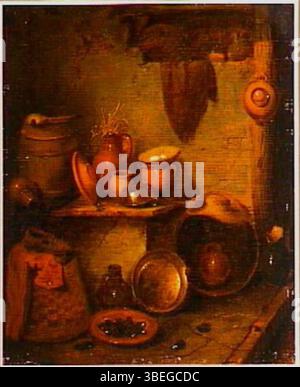 Dieses Stillleben-Gemälde, *Interior with Farm still Life*, das Pieter de Bloot zugeschrieben wird, zeigt eine ländliche Umgebung mit Objekten des täglichen Lebens, ein gängiges Thema in der niederländischen Kunst des 17. Jahrhunderts. Stockfoto