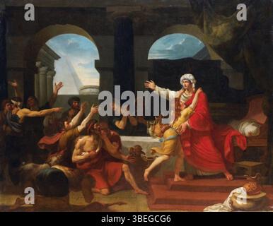 Dieses Gemälde von Charles-Toussaint Labadye aus dem Jahr 1789, „Joseph anerkannt von seinen Brüdern“, zeigt eine biblische Szene aus der Geschichte Josephs im Alten Testament. Es zeigt Labadyes Meisterschaft in der Darstellung biblischer Figuren und Erzählungen. Stockfoto