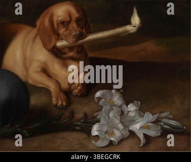 Juan de Parejas Gemälde von 1660 zeigt einen Hund mit Kerze und Lilien, der seine außergewöhnlichen Fähigkeiten als spanischer Künstler aus dem 17. Jahrhundert zeigt. Dieses Öl-auf-Leinwand-Stück, das 47,5 x 57 cm groß ist, ist im Indianapolis Museum of Art untergebracht Stockfoto