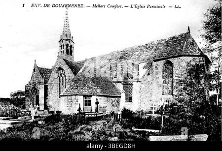 Ein Postkartenbild der Pfarrkirche Meilars und ihres Friedhofs, fotografiert zu Beginn des 20. Jahrhunderts von Léon & Lévy. Das Bild zeigt die Kirche in ihrem historischen Kontext. Stockfoto
