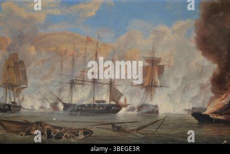 Das 1831 entstandene Gemälde von John Christian Schetky zeigt die HMS Talbot unter dem Kommando von Captain Hon. F. Spencer während der Schlacht von Navarino am 20. Oktober 1827. Das Gemälde fängt eine dramatische Auseinandersetzung der Marine während des griechischen Unabhängigkeitskrieges ein und zeigt die britische Beteiligung an der Schlacht. Stockfoto