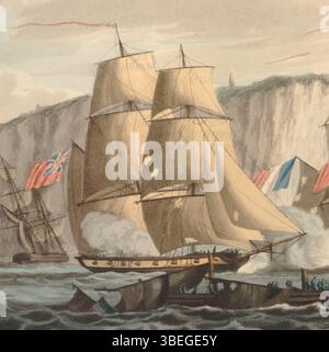 Die Ätzung zeigt die britischen Brigen Rosario und Griffonne, die im März 1812 gegen 12 französische Brigs vor Dieppe kämpften. Die britischen Truppen besiegten die Franzosen, eroberten drei Schiffe und zerstörten zwei weitere. Trotz seiner Unterzahl war der britische Sieg bedeutend. Der von Emeric Essex Vidal geschaffene und von John Heaviside Clark und Matthew Dubourg gravierte Druck stammt aus dem Jahr 1812. Stockfoto