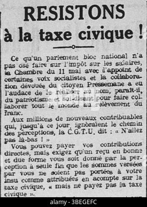 Eine Seite aus der 1926 erschienenen Ausgabe von "La Provence ouvrière et paysanne", einer französischen Arbeiter- und Bauernzeitung, in der über den Widerstand gegen die Staatssteuer in Frankreich nach dem Ersten Weltkrieg diskutiert wird. Stockfoto