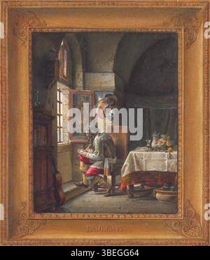 Diese Zeichnung von Hilaire Thierry aus dem Jahr 1814-1825, basierend auf Jean-Antoine Laurents Gemälde, zeigt den Mann in der Eisernen Maske, der auf Sainte Marguerite Island gefangen gehalten wurde, und erfasst das Geheimnis um seine Gefangenschaft. Stockfoto