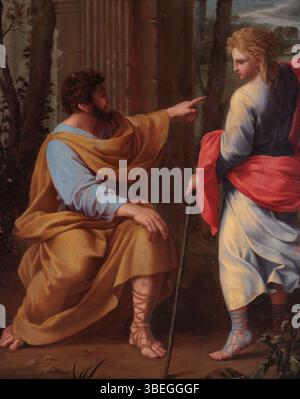 „Joseph Searching for His Brothers“ von Eustache Le Sueur, ausgestellt im Indiana University Art Museum. Dieses Gemälde, das im 17. Jahrhundert entstanden ist, zeigt eine biblische Szene aus der Geschichte Josephs und seiner Brüder im Alten Testament. Stockfoto