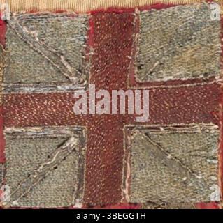 Dieser Standard wurde vom 8. Regiment des Pferdes während der Schlacht bei Dettingen 1743 getragen. Die gestickte Union Flag zeigt die Wappenleistung von Major General John Ligonier mit seinem Wappen und Motto. Stockfoto