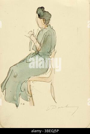 Theo van Doesburgs Kunstwerk „A Woman Knitting Seen from the Side“ aus dem Jahr 1911 zeigt eine Frau, die in einem geometrischen Stil, der typisch für die de Stijl-Bewegung ist, strickt. Das Werk spiegelt van Doesburgs Fokus auf Abstraktion und seine Erforschung von Form und Farbe durch einfache, eckige Linien und Ebenen wider. Stockfoto