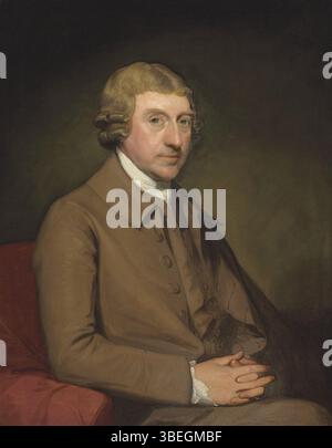 Dieses Ölgemälde von Gilbert Stuart aus dem Jahr 1782 fängt Thomas Dawson, 1. Viscount Cremorne, in einem halblangen Porträt ein, das sein elegantes Aussehen in einem braunen Mantel zeigt. Das Werk ist ein Beispiel für britische Porträts aus dem frühen 18. Jahrhundert. Stockfoto