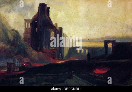 „Ruins of Warehouse in Prince Street“ von William James Müller aus dem Jahr 1831 zeigt die Folgen eines Brandes, der ein Lagerhaus in der Prince Street in Bristol zerstörte. Die Zeichnung fängt die Überreste des Gebäudes und die Zerstörung ein. Stockfoto