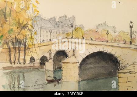 Lucie van Dam van Isselt’s *Le Pont Marie - Ile St. Louis* (1948) stellt die ikonische Brücke in Paris dar und verwendet gemischte Techniken, um ihren Charme und die umgebende Architektur auf der Ile St. Louis einzufangen. Stockfoto