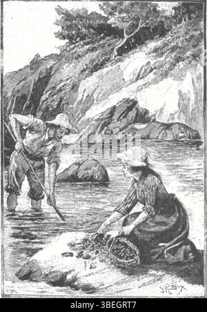 Eine schwarz-weiß-Illustration von George Roux aus Jules Vernes Roman „The Castaways of the Flag“ (zweites Vaterland) aus dem Jahr 1900. Roux’ Illustrationen waren der Schlüssel zur Aufnahme des Wesens von Vernes abenteuerlicher Erzählung. Stockfoto