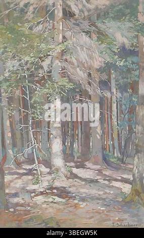 Therese Schachners Gemälde „Fichtenwald in Niederösterreich“ zeigt einen ruhigen Fichtenwald in Niederösterreich und zeigt ihren impressionistischen Stil und ihre Aufmerksamkeit für Naturlandschaften. Stockfoto