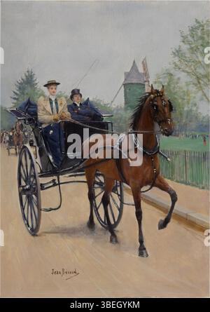 Le Buggy ist ein Gemälde des französischen Künstlers Jean Béraud, das eine modische Szene mit einer Pferdekutsche darstellt. Bérauds Werk ist bekannt dafür, das Pariser Leben im späten 19. Und frühen 20. Jahrhundert festzuhalten. Stockfoto