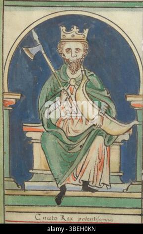 Matthew Paris zeigt in seinem „kurzen Abridgement of the Chronicles of England“ eine Illustration von Cnut dem Großen, einem bedeutenden Herrscher von England und Dänemark. Das Kunstwerk aus dem 12. Jahrhundert repräsentiert seine Herrschaft und seinen Einfluss auf die englische und skandinavische Geschichte. Stockfoto