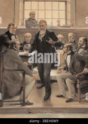 David C. Lithgow’ Gemälde „John Brown’s Trial at Charlestown, Va“ aus dem Jahr 1923 zeigt den berüchtigten Prozess gegen John Brown, einen Abolitionisten, in Charlestown, Virginia. Das Kunstwerk fängt einen entscheidenden Moment in der amerikanischen Geschichte ein und betont die Spannung im Gerichtssaal. Stockfoto