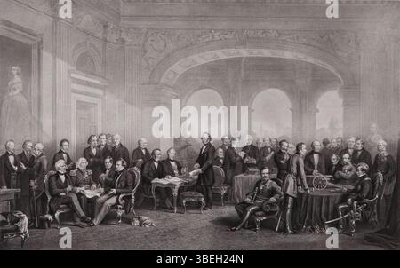 Dieser Stich von Charles G. Lewis, der 1864 nach Thomas Jones Barkers Entwurf erstellt wurde, zeigt ein Gruppenporträt prominenter britischer Persönlichkeiten, darunter Staatsmänner, Militärführer und Erfinder, die den intellektuellen und tapfersten Geist Großbritanniens im 19. Jahrhundert repräsentieren. Stockfoto