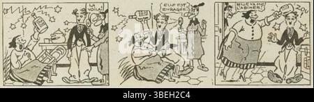 Eine dynamische Illustration von Raoul Thomen aus „Les Aventures acrobatiques de Charlot Charlot aviateur“, in der der Pilot Charlot einen gewagten Lufttrick vorführt. Das Kunstwerk fängt die verspielte und abenteuerliche Natur des Charakters ein und spiegelt den komischen, akrobatischen Stil der 1920er Jahre illustrierten Bücher wider. Stockfoto