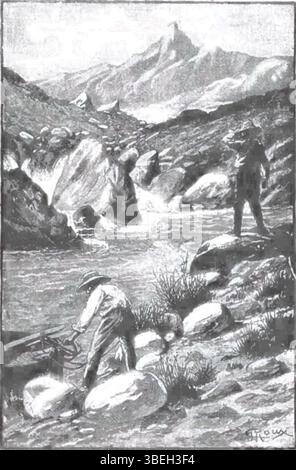 Eine Illustration von George Roux aus Jules Vernes Roman „The Castaways of the Flag“ (zweites Vaterland) aus dem Jahr 1900, dargestellt in Schwarz-weiß. Roux’ detaillierte Zeichnungen erwecken die abenteuerlichen Ereignisse und Charaktere des Romans zum Leben. Stockfoto