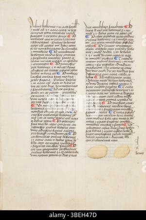 Diese Handschriftenseite aus der Estense alfa.l.09.28, datiert 1458, zeigt komplizierte mittelalterliche Schriften und Illustrationen, die charakteristisch für beleuchtete Handschriften aus dem 15. Jahrhundert sind. Stockfoto