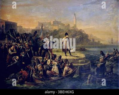 Giovanni Servi’ Gemälde „Napoleon verlässt Elba“ (vor 1885) veranschaulicht den entscheidenden Moment, in dem Napoleon Bonaparte aus dem Exil auf der Insel Elba entkommt. Dieses historische Kunstwerk fängt den dramatischen Abgang des französischen Führers ein. Stockfoto