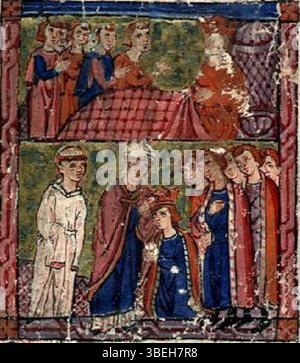 Eine Beleuchtung aus einem Manuskript von Wilhelm II. Von Tyrus aus dem Jahr 1280, in dem der Tod Balduins IV. Von Jerusalem und die Krönung seines Neffen Balduin V. dargestellt werden, zeigt den politischen Übergang im Kreuzfahrerreich. Stockfoto