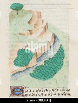 Dieses Detail aus der Estense-Handschrift aus dem Jahr 1458 zeigt aufwendig gestaltete Texte und Dekorationen, die typisch für beleuchtete Handschriften aus dem 15. Jahrhundert sind. Stockfoto