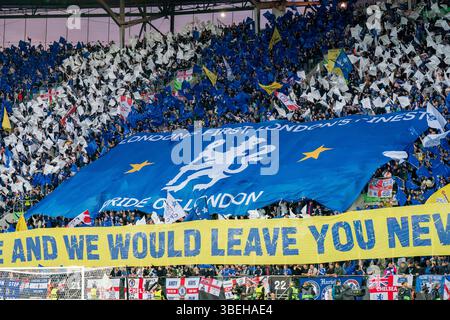 Breslau, Polen. Mai 2025. Chelsea FC tifo beim Real Betis V Chelsea UEFA Conference League Finale im Stadion Wrocław, Breslau, Polen am 28. Mai 2025 Credit: Alex Young/Every Second Media Credit: Every Second Media/Alamy Live News Stockfoto