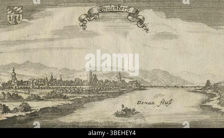 Dieser Kupferstich von Ertl und Kraus aus aus dem Jahr 1687 zeigt die Stadt Deggendorf in Bayern. Die detaillierte Ätzung zeigt die architektonischen und geografischen Merkmale der Stadt während des späten 17. Jahrhunderts. Stockfoto
