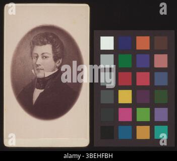 Dieses Schwarzweiß-Foto zeigt ein Porträt von Eugen Thurneysen-Ryhiner aus den Jahren 1830 bis 1840. Das Foto ist auf eine Schrankkarte gedruckt, ein beliebtes Fotoformat des 19. Jahrhunderts. Stockfoto