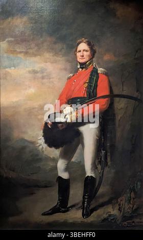 Dieses Porträt von Henry Raeburn (1756–1823) zeigt Major James Lee Harvey in der Uniform der Gordon Highlanders. Das Gemälde, das zwischen 1800 und 1825 datiert, veranschaulicht Raeburns meisterhafte Darstellung militärischer Figuren und den ausgeprägten Porträtstil im Großbritannien des 18. Und 19. Jahrhunderts. Stockfoto