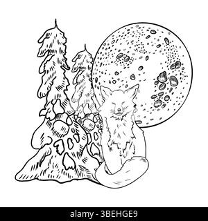 Fuchs und Mond, schneebedeckte Kiefern, handgezeichnete schwarz-weiße Kontur Vektor-Illustration. Waldtiere und Bäume in der Winterlandschaft monochrome Kunst für Magie Stock Vektor