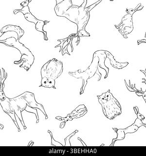 Weihnachten nahtloses Muster von Winter Waldtiere Eulen, Hirsche, Hasen und Fuchs Hand gezeichnet schwarz weiße Linie Kunst Illustration. Wiederholtes Schwarzweiß Stock Vektor