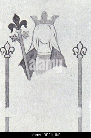 In den 1880er Jahren entdeckte Jacob Kornerup den „Queen Frieze“ in der St. Bendt's Church, Ringsted, und enthüllte Fresken aus dem 13. Jahrhundert, die Königspilze darstellen. Eines der Porträts soll Königin Jutta darstellen. Diese Aquarellillustration von Kornerup zeigt diese freigelegten Gemälde, die als Teil seiner Dokumentation des historischen Kunstwerks der Kirche erhalten wurden. Stockfoto