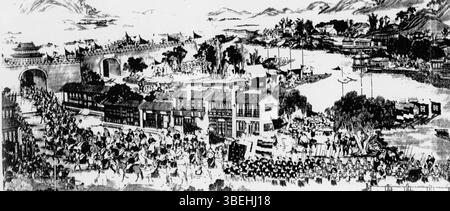 „Besetzung der Stadt Suzhou“ (1886) von Wu Youru zeigt eine dramatische Szene aus der Taiping-Rebellion, die die Besetzung der Stadt während des Konflikts zeigt. Das Gemälde fängt die Aufruhr und Zerstörung von Suzhou ein, einem Schlüsselereignis der chinesischen Rebellion Mitte des 19. Jahrhunderts. Stockfoto