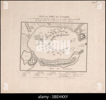 Diese Karte von 1827 zeigt die Schlacht von Navarino, wo die osmanischen Truppen am 20. Oktober 1827 von den alliierten und türkisch-ägyptischen Flotten zerstört wurden. Die Karte zeigt die Positionen des Schiffes während der Schlacht. Stockfoto