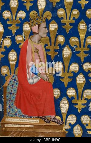 Dieses Manuskriptfragment „Robertodangio“ ist ein Detail aus der „Regia Carmina“ von Convenevole da Prato aus der Mitte des 14. Jahrhunderts. Sie befindet sich in der Biblioteca Nazionale di Firenze in Italien. Stockfoto