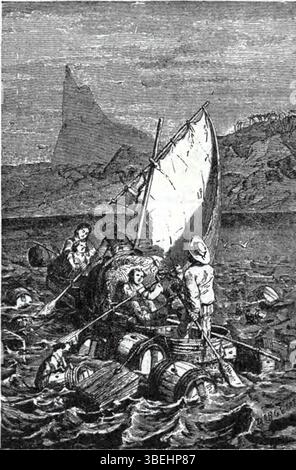 Diese Schwarzweiß-Illustration von George Roux aus Jules Vernes *Second Vaterland* (1900) zeigt einen Schlüsselmoment des Romans. Roux’ detailliertes Kunstwerk fügt Vernes Erzählung Tiefe hinzu und betont die Themen Abenteuer und Überleben. Stockfoto