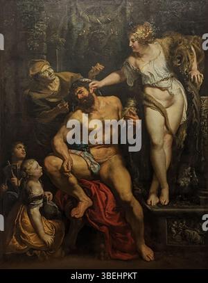 Gemälde von Peter Paul Rubens um 1602, das die mythologische Szene von Herkules und Omphale darstellt; im Louvre untergebracht. Stockfoto