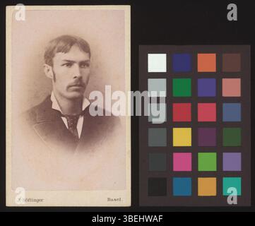 Dieses Schwarzweißfoto aus der Zeit um 1881 zeigt Johann Jakob Stehlin. Das Foto wird auf einer Schrankkarte präsentiert, die ein formelles Porträt von Stehlin darstellt. Stockfoto