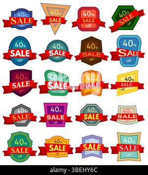 Set mit 20 Rabattaufklebern. Bunte Abzeichen mit rotem Band zum Verkauf: 40 % Rabatt. Vektorabbildung. Stock Vektor
