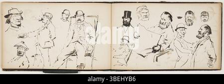 Zwei Blätter aus Horace Mann Livens' Skizzenbuch (1862–1936), um 1892, mit detaillierten Figuren-, Charakter- und Sachstudien. Diese Zeichnungen, die in Stift, Tinte und Bleistift ausgeführt wurden, enthalten eine Widmung an seine Frau Gertrude. Das Skizzenbuch enthält 28 Seiten (56 Seiten) und datiert vom 28. August 1892. Trotz einiger Bindungsschäden bleiben die Skizzen intakt und wurden im Februar 2020 von Abbott und Holder zum Verkauf angeboten. Stockfoto