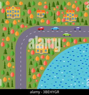 Plan des Dorfes. Landschaft mit Straße, Wald, See, Autos und Häusern. Vektorabbildung Stock Vektor
